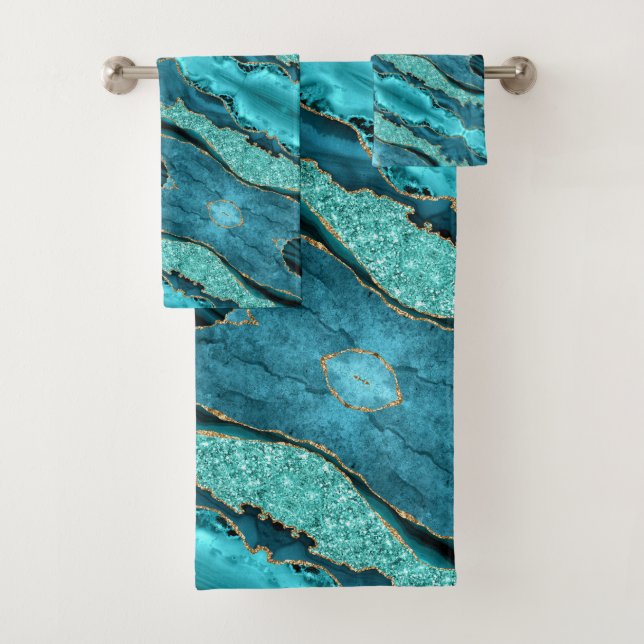 Teal Blue Gold Aqua Turquoise Bathy Towel Set (Insitu)