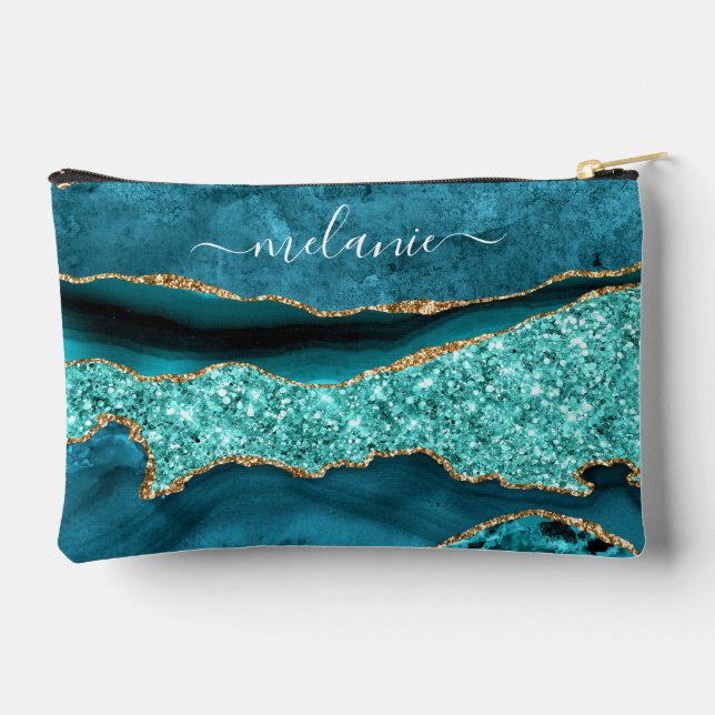 Teal Blue Gold Aqua Turquoise Custom Name Accessory Pouch (Back)