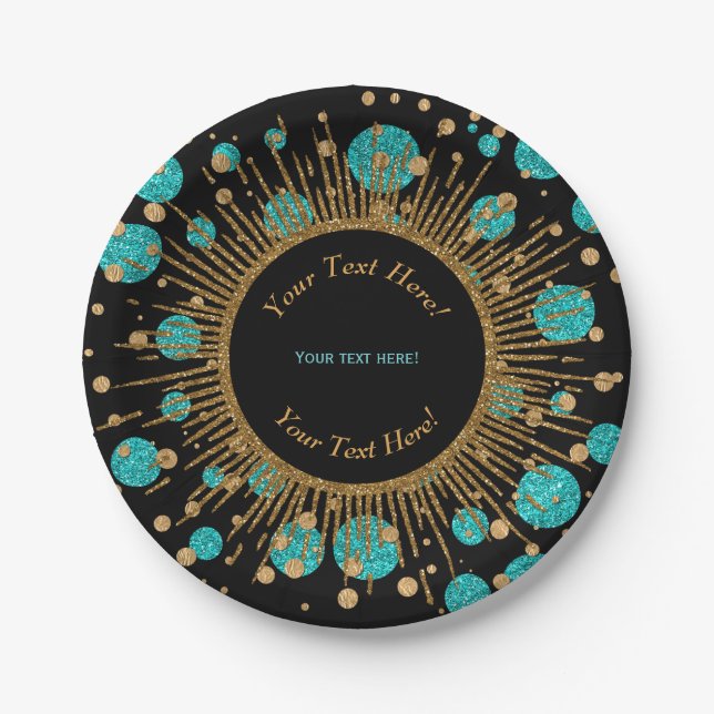 Teal Blue Gold Birthday Party Paper Plate (Front)