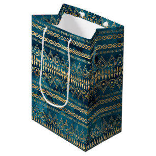 Teal Blue Gold Boho  Medium Gift Bag