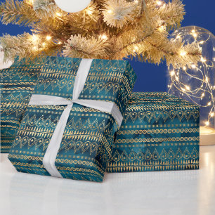 Teal Blue Gold Boho  Wrapping Paper