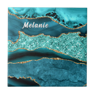 Teal Blue Gold Ceramic Tile Personalized Name