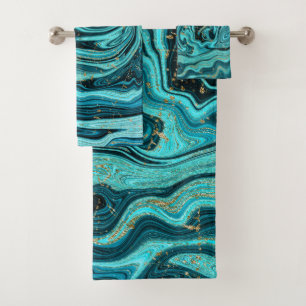 Teal Blue & Gold Chic Swirl Modern Abstract Bath Towel Set