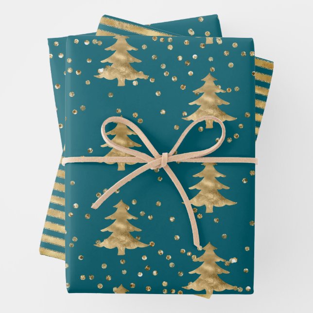 Teal Blue Gold Christmas Tree Stripes Sparkle     Wrapping Paper Sheet (In situ)