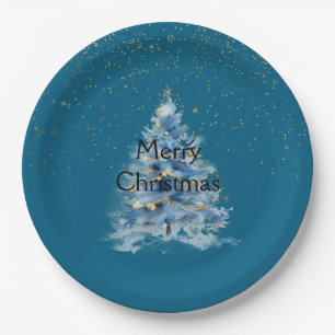 Teal Blue Gold Confetti Dots Christmas Tree Paper Plate