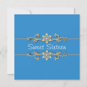 Teal Blue Gold Diamond Sweet Sixteen Invitation