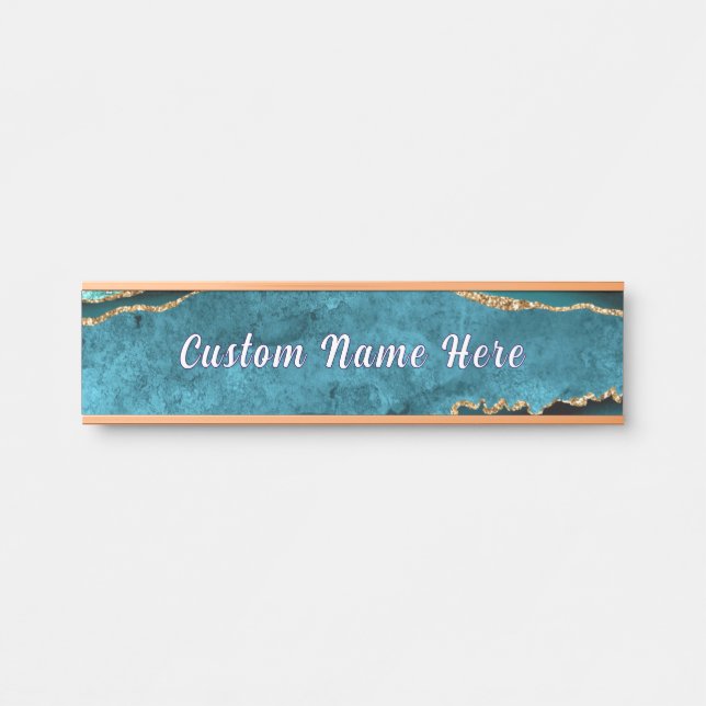 Teal Blue Gold Door Sign Custom Name Personalized (Front)