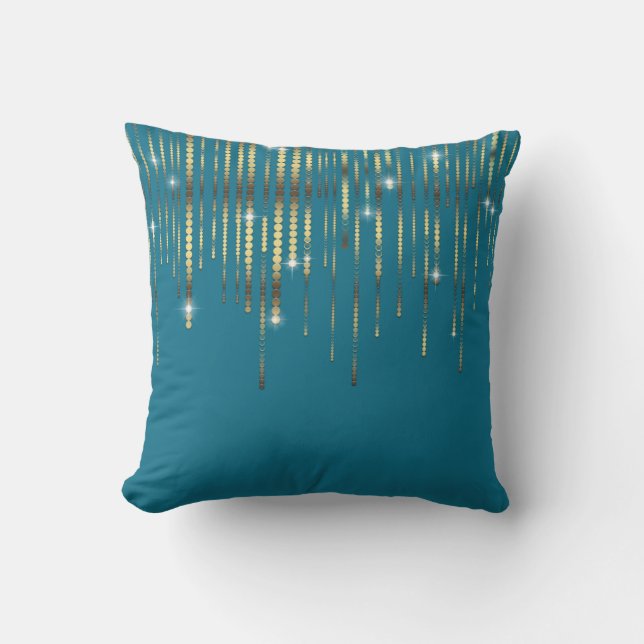 Teal Blue Gold Drape Boho Luxury Sparkle Throw Pillow (Front)