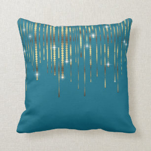 Teal Blue Gold Drape Boho Luxury Sparkle Throw Pillow