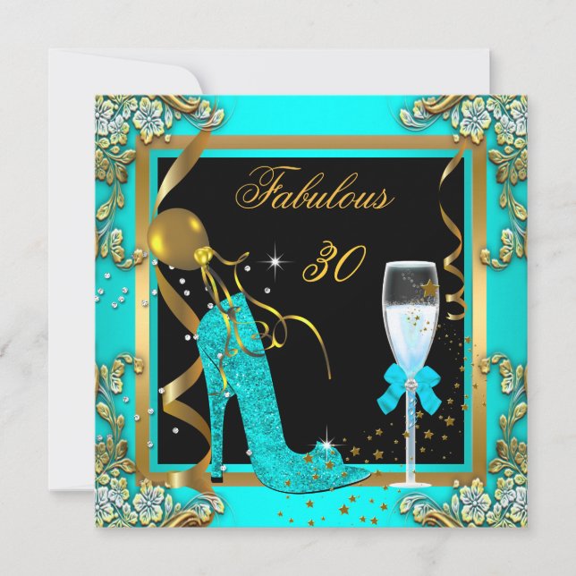 Teal Blue Gold Fabulous 30 Birthday Party Invitation (Front)