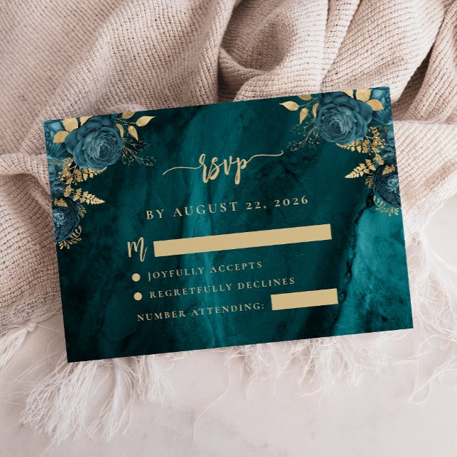 Teal Blue Gold Floral Agate Script Wedding RSVP Enclosure Card (Creator Uploaded)