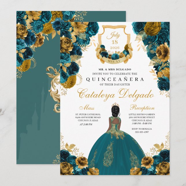 Teal Blue & Gold Floral Elegant Quinceañera Invitation (Front/Back)