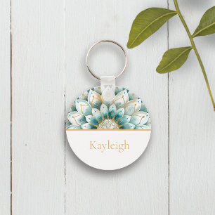 Teal Blue Gold Floral Mandala Personalized Keychain