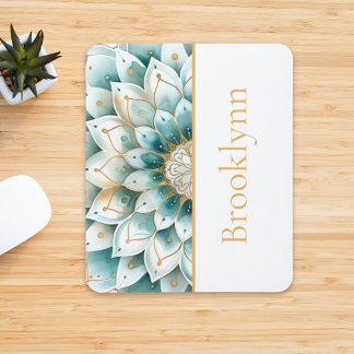 Teal Blue Gold Floral Mandala Personalized Mouse Pad