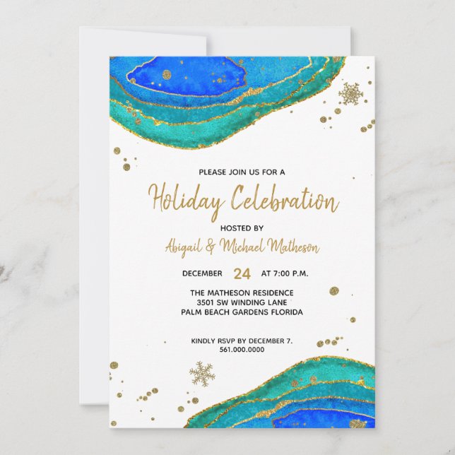Teal Blue & Gold Geode Agate Hanukkah Holiday Invitation (Front)