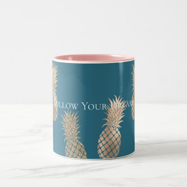 Teal Blue Gold Glam Pineapples Two-Tone Coffee Mug (Center)