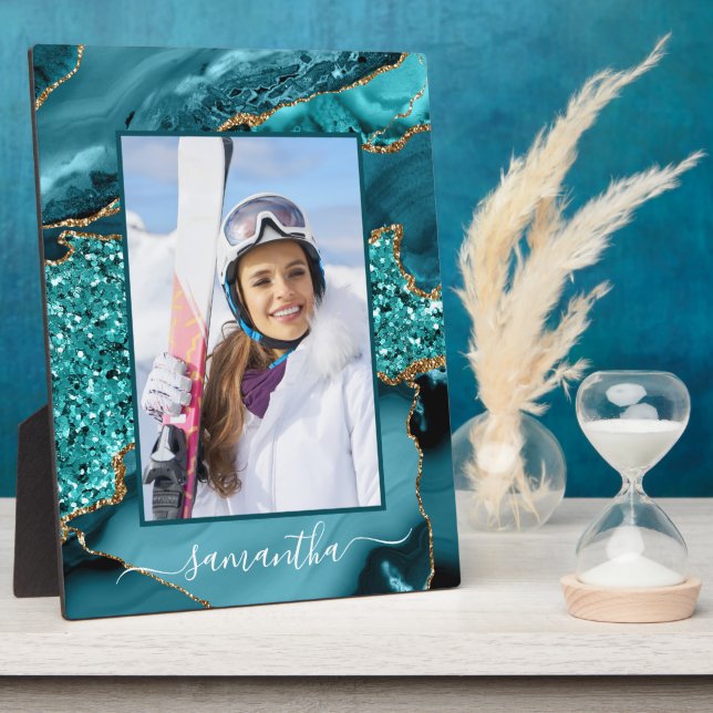 Teal Blue Gold Glitter Agate Elegant Name Photo Plaque (Side)