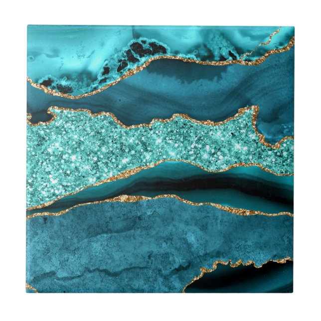 Teal Blue Gold Glitter Aqua Marble Ceramic Tile (Front)