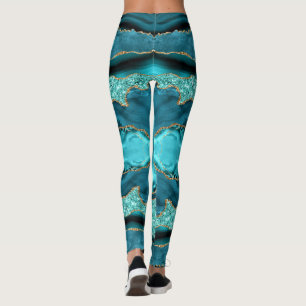 Teal Blue Gold Glitter Aqua Turquoise Leggings
