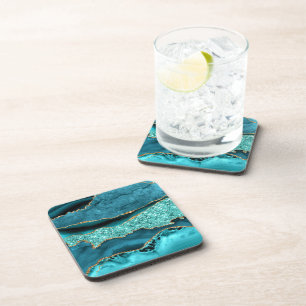 Teal Blue Gold Glitter Coaster