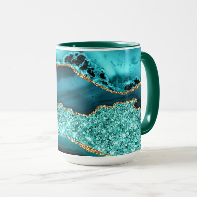 Teal Blue Gold Glitter Coffee Mug (Front Right)