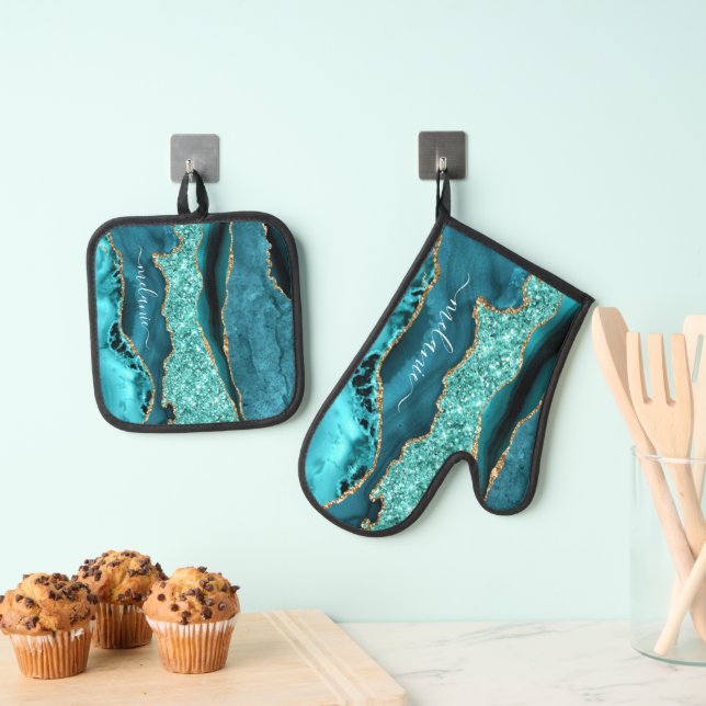 Teal Blue Gold Glitter Custom Name Aqua Turquoise Oven Mitt & Pot Holder Set (Insitu(Hanging))