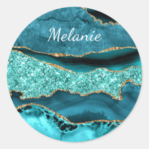 Teal Blue Gold Glitter Custom Name Gift Sticker