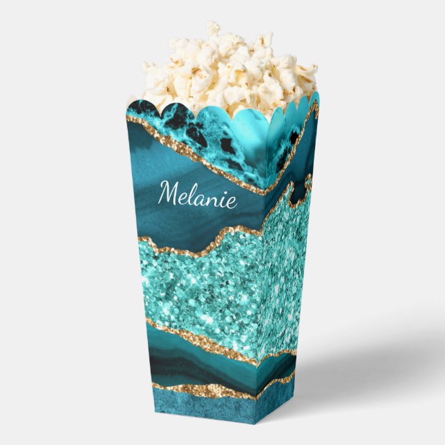 Teal Blue Gold Glitter Custom Name Popcorn Box (Popped)