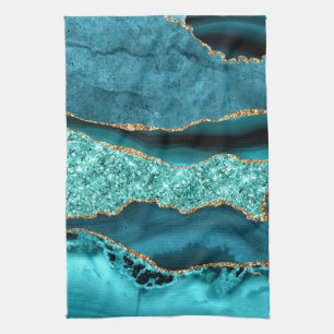 Teal Blue Gold Glitter Kitchen Towel