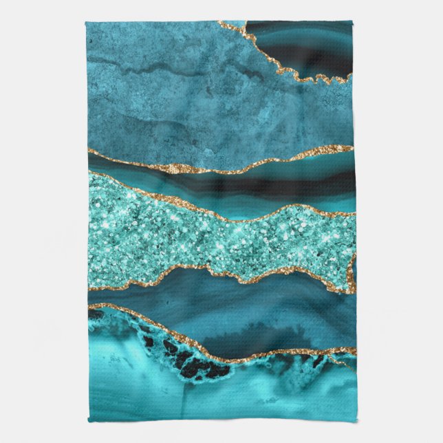 Teal Blue Gold Glitter Kitchen Towel (Vertical)