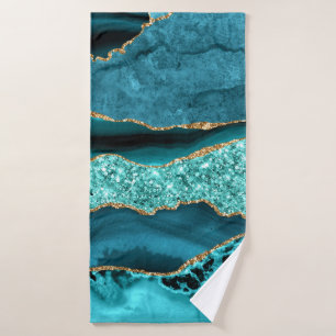 Teal Blue Gold Glitter Marble Aqua Bath Towel Set