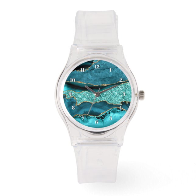 Teal Blue Gold Glitter Marble Aqua Turquoise Watch (Front)
