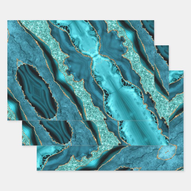 Teal Blue Gold Glitter Marble Aqua Turquoise Wrapping Paper Sheet (Set)