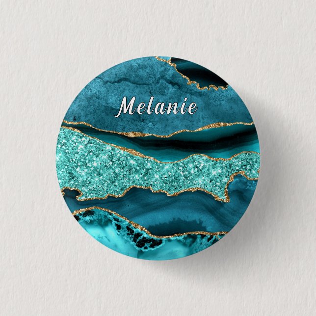 Teal Blue Gold Glitter Marble Custom Name Button (Front)