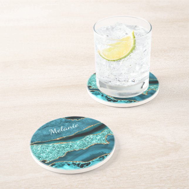 Teal Blue Gold Glitter Marble Custom Name Coaster (Side)