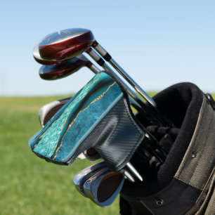 Teal Blue Gold Glitter Marble Golf Head Cover