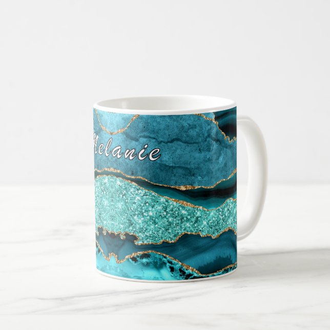 Teal Blue Gold Glitter Marble Mug with Custom Name (Front Right)