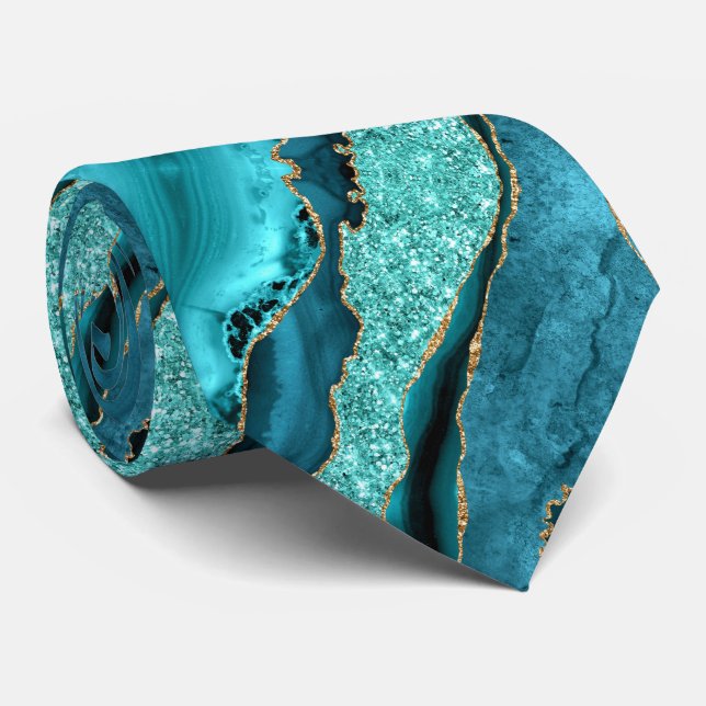 Teal Blue Gold Glitter Marble Neck Tie (Rolled)