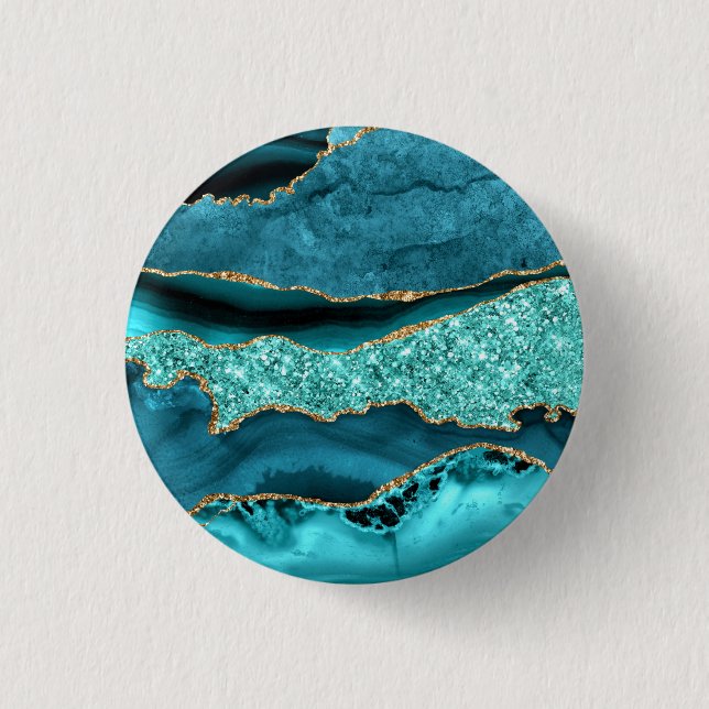 Teal Blue Gold Glitter Marble Turquoise Button (Front)