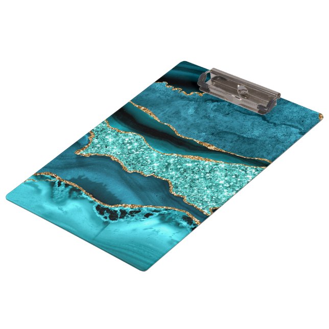 Teal Blue Gold Glitter Marble Turquoise Clipboard (Angled)