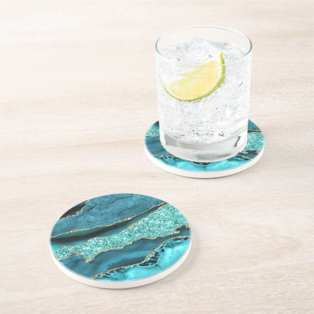Teal Blue Gold Glitter Marble Turquoise Coaster (Side)
