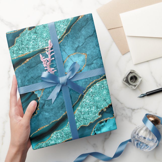 Teal Blue Gold Glitter Marble Wrapping Paper (Gifting)