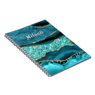 Teal Blue Gold Glitter Notebook with Custom Name
