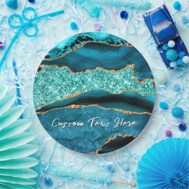 Teal Blue Gold Glitter Paper Plates Custom Text (Party)
