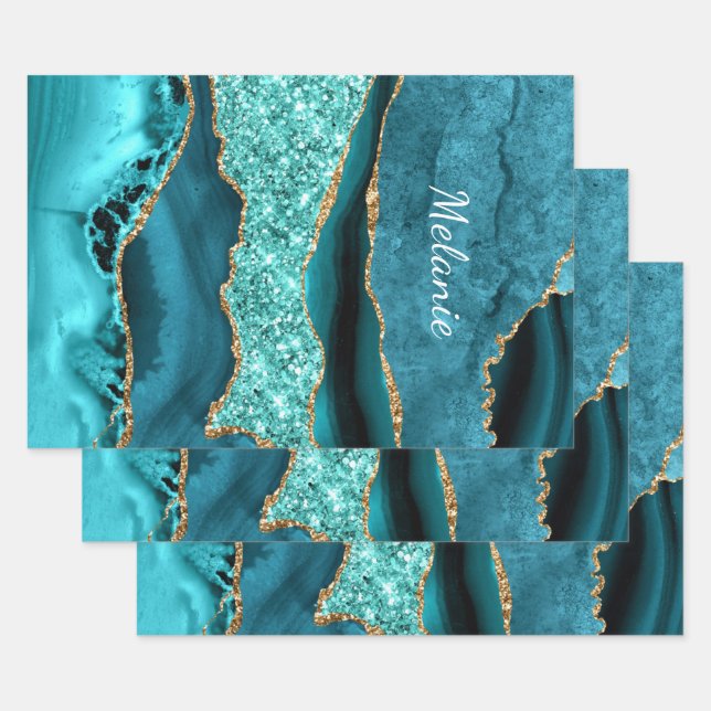 Teal Blue Gold Glitter Personalized Your Name Wrapping Paper Sheet (Set)
