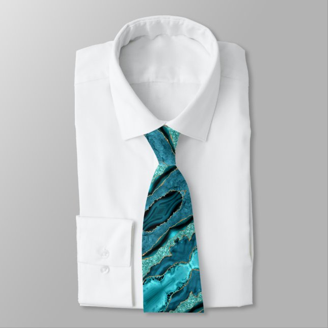 Teal Blue Gold Glitter Sparkle Turquoise Neck Tie (Tied)