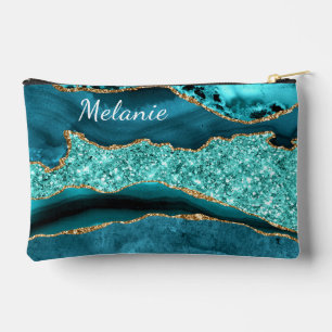 Teal Blue Gold Glitter Sparkly Custom Your Name Accessory Pouch
