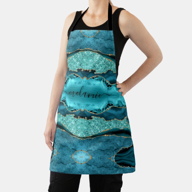 Teal Blue Gold Glitter Turquoise Custom Name Apron (Insitu)
