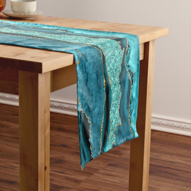 Teal Blue Gold Glitter Turquoise Table Runner (In Situ)