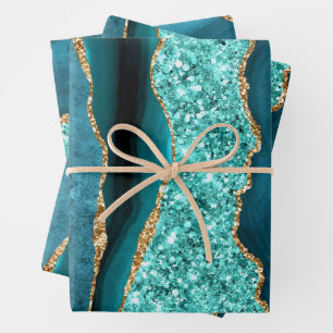 Teal Blue Gold Glitter Wrapping Paper Sheets